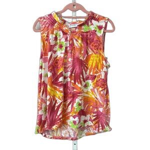 Kiwi Fresh Pink Tropical Print Size 1X Sleeveless Tunic Pink/orange/green/Yellow